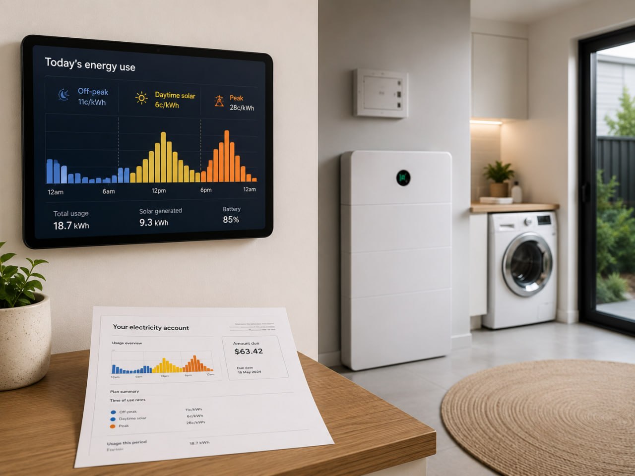 Illustrative home energy-use display, battery and household appliances