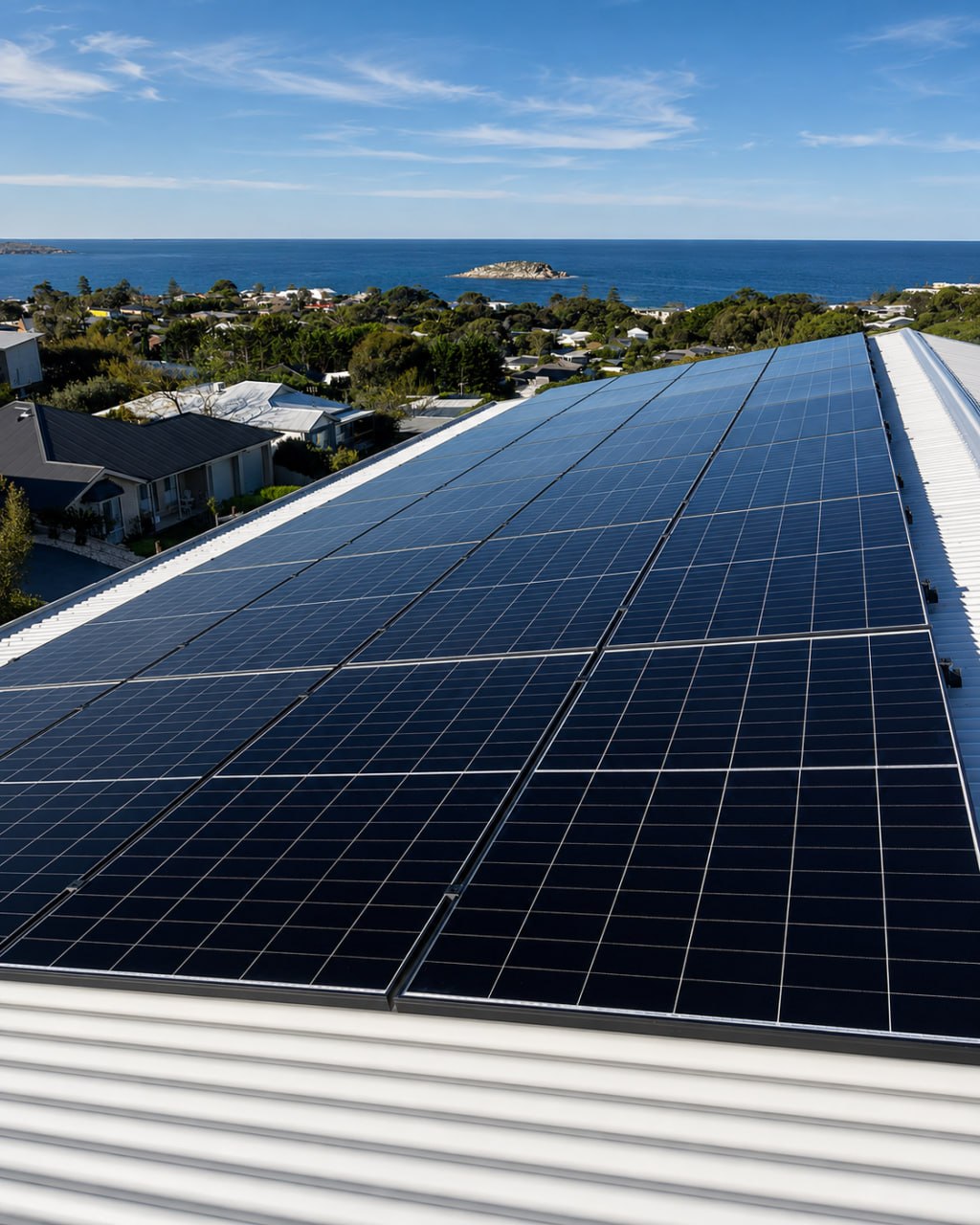 Rooftop solar panels on a coastal home with ocean view.