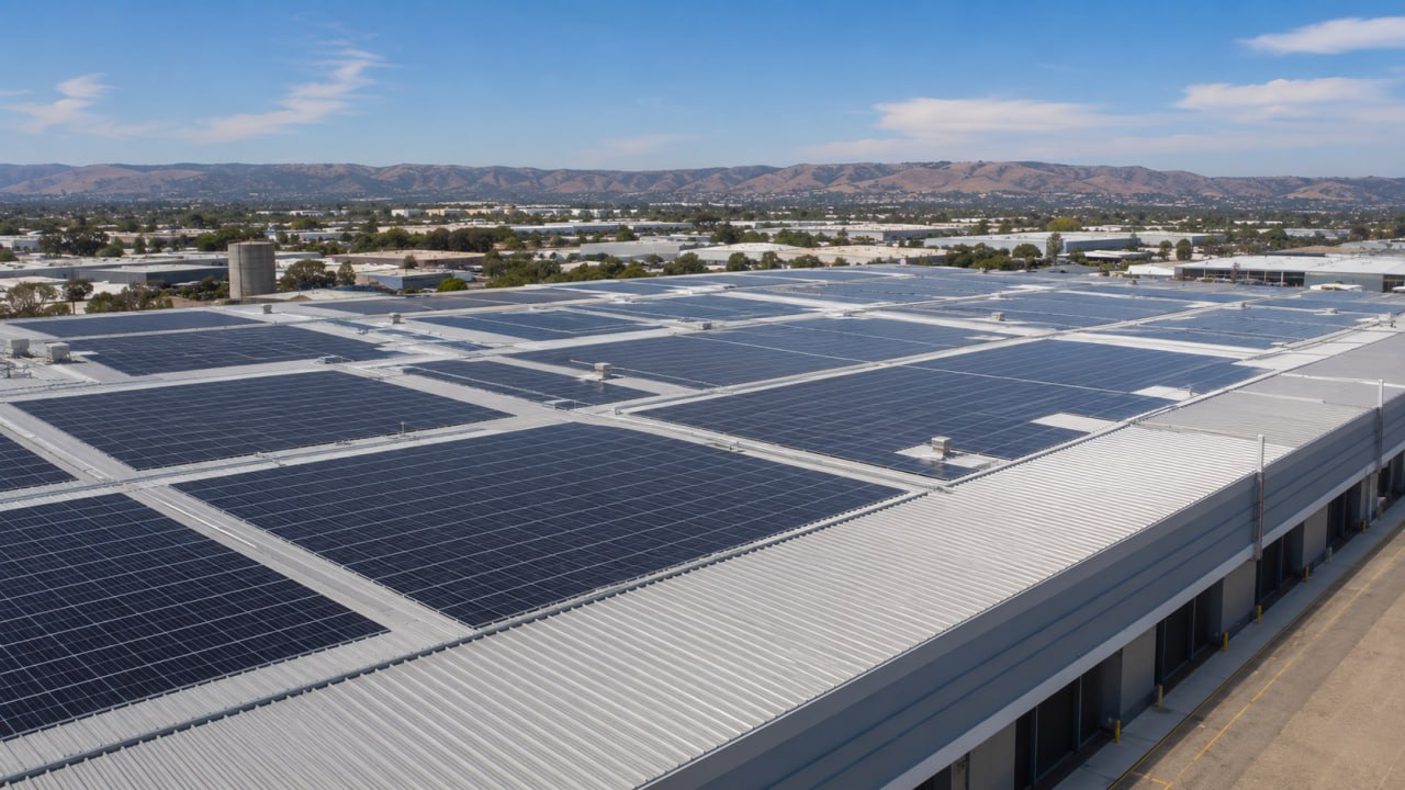 Large solar panel array on an industrial rooftop.