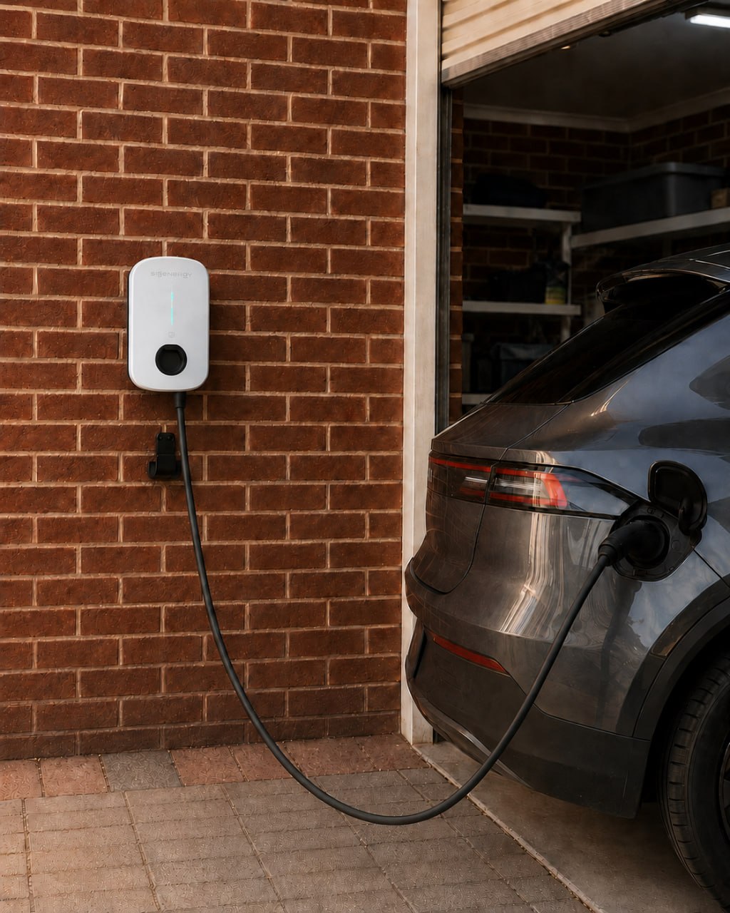 Electric vehicle connected to a wall-mounted charger beside a brick garage.