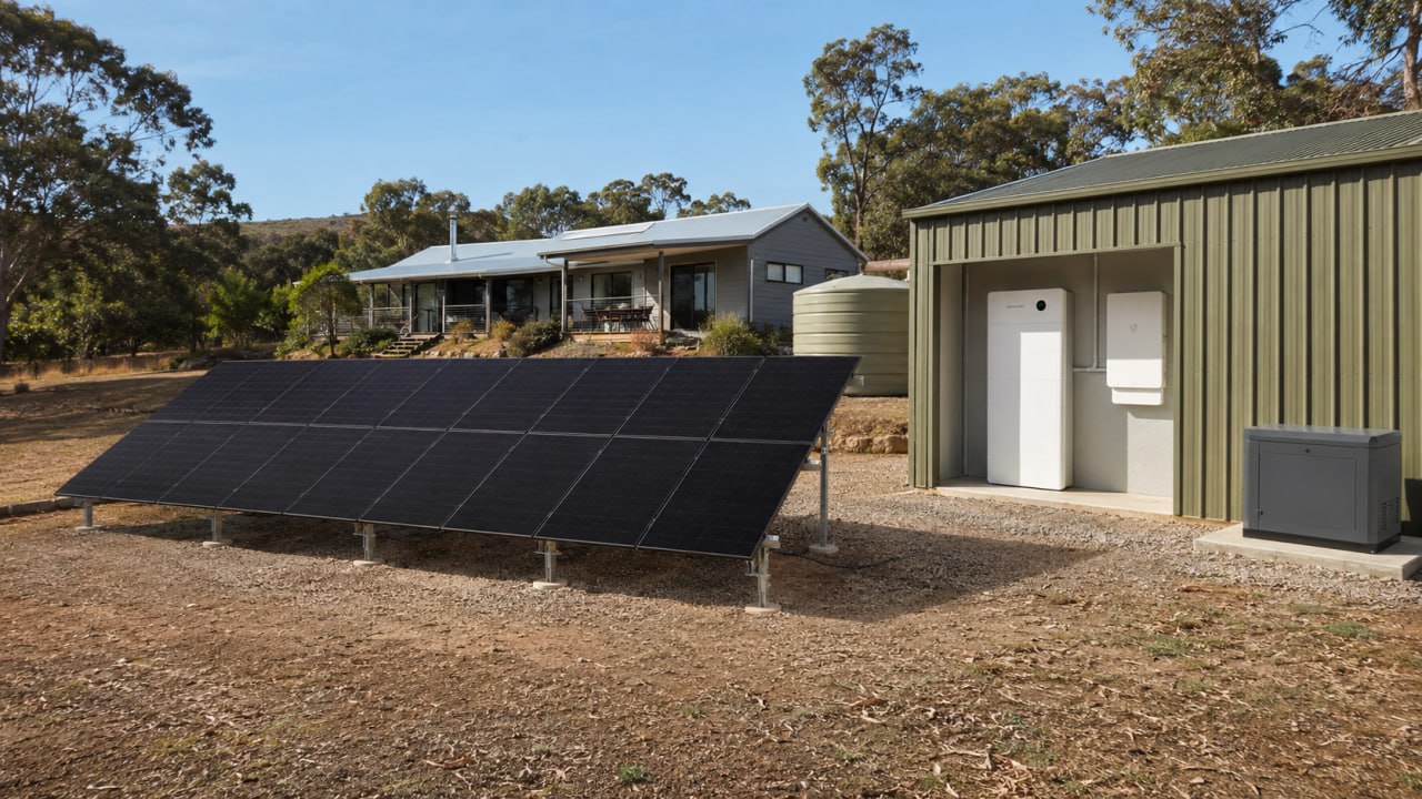 Ground-mounted solar panels and energy equipment beside a rural property.