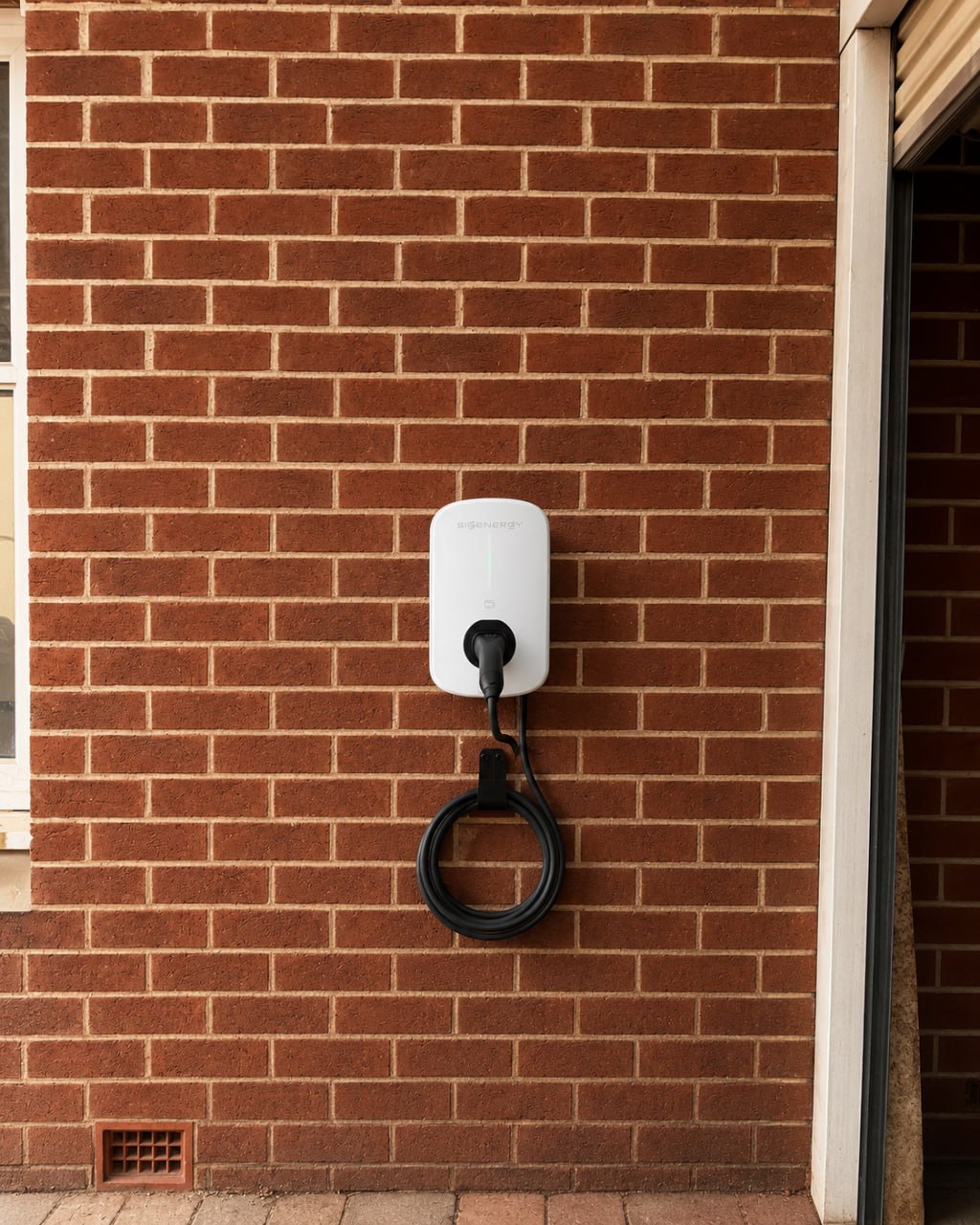 Sigenergy EV charger mounted on a red brick wall with its charging cable stored below